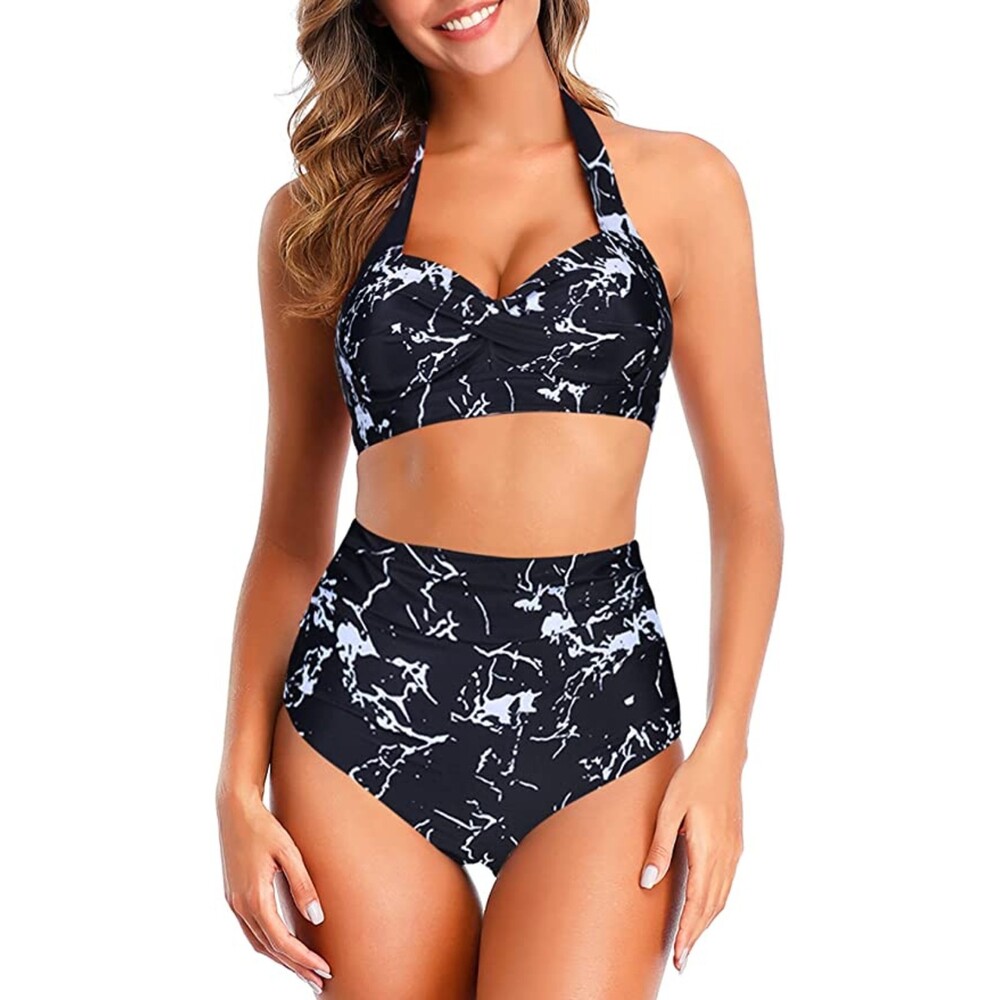 High Waist Push Up Black Marble Retro Halter Bikini Sz L